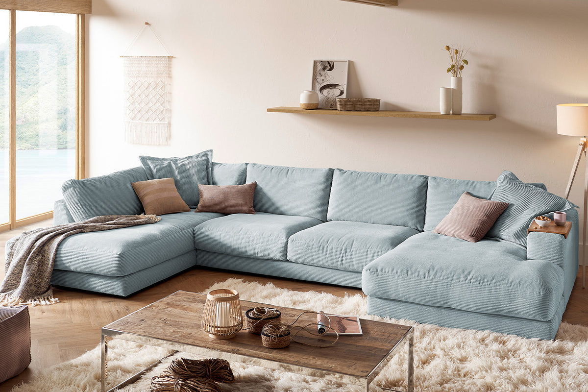 KAWOLA Sofa MADELINE Wohnlandschaft U-Form Cord hellblau