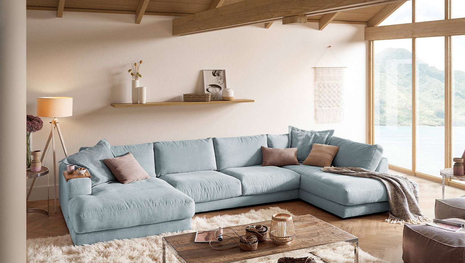 KAWOLA Sofa MADELINE Wohnlandschaft U-Form Cord hellblau, Links