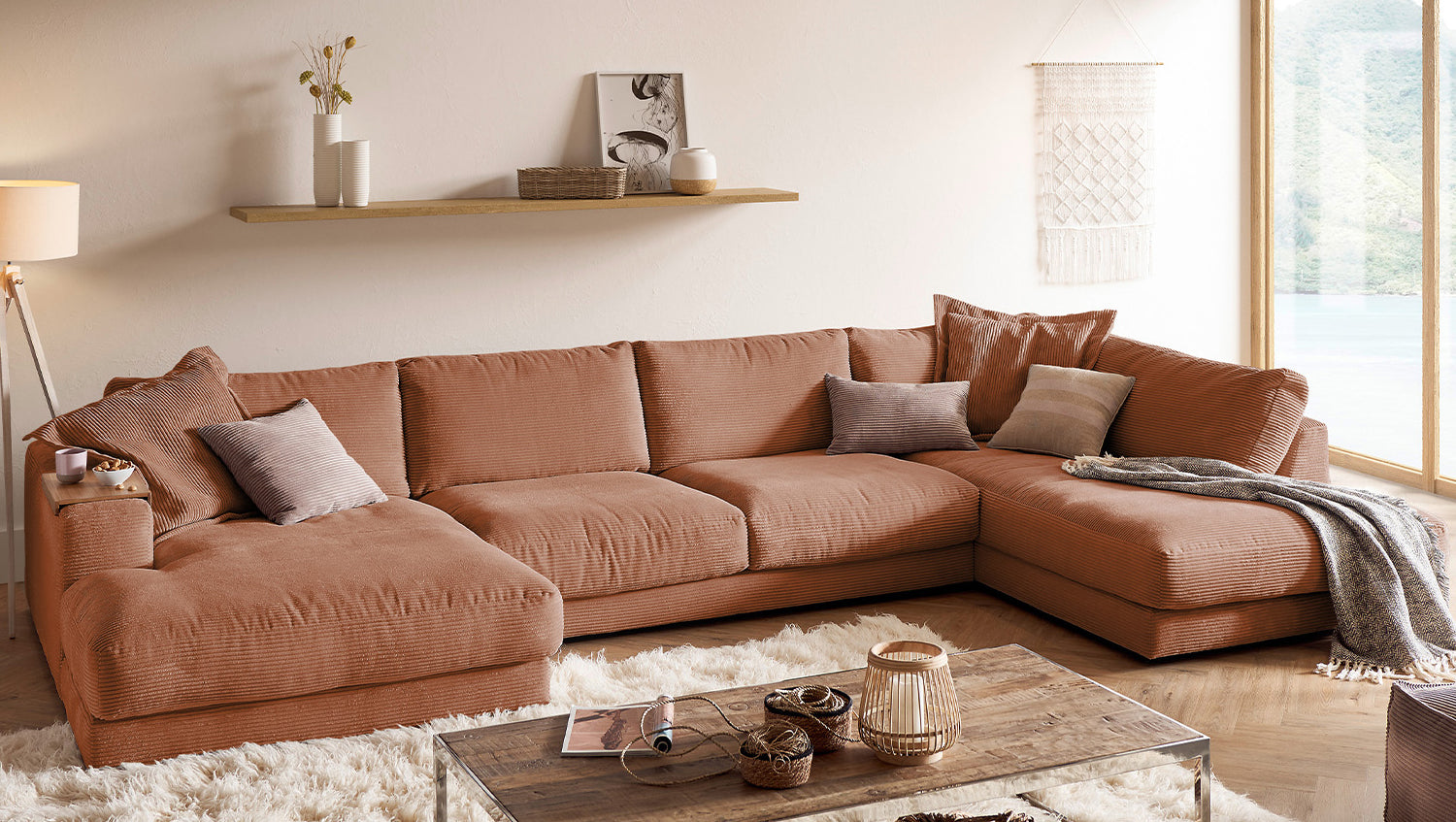 KAWOLA Sofa MADELINE Wohnlandschaft U-Form Cord rost