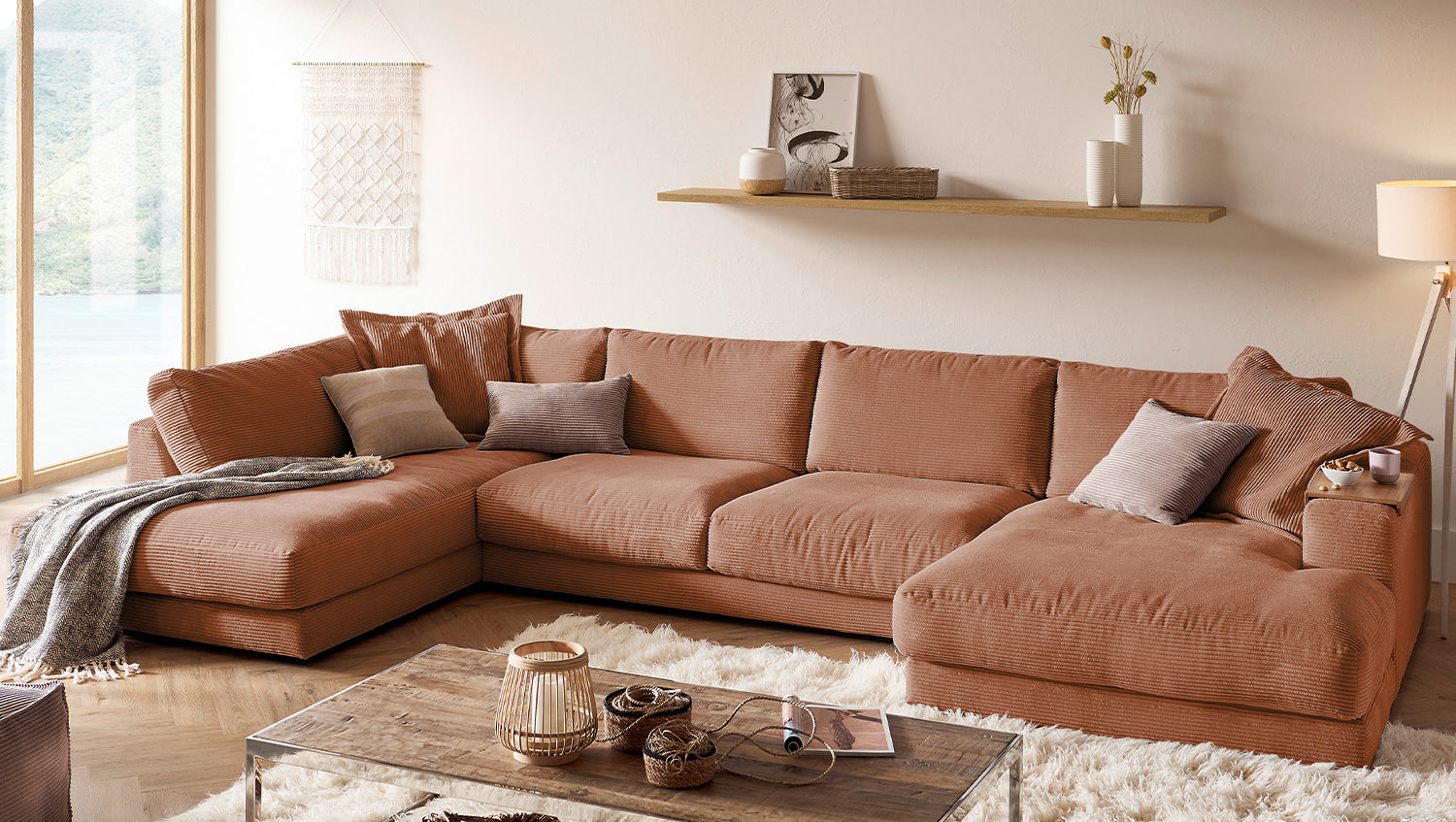 KAWOLA Sofa MADELINE Wohnlandschaft U-Form Cord rost