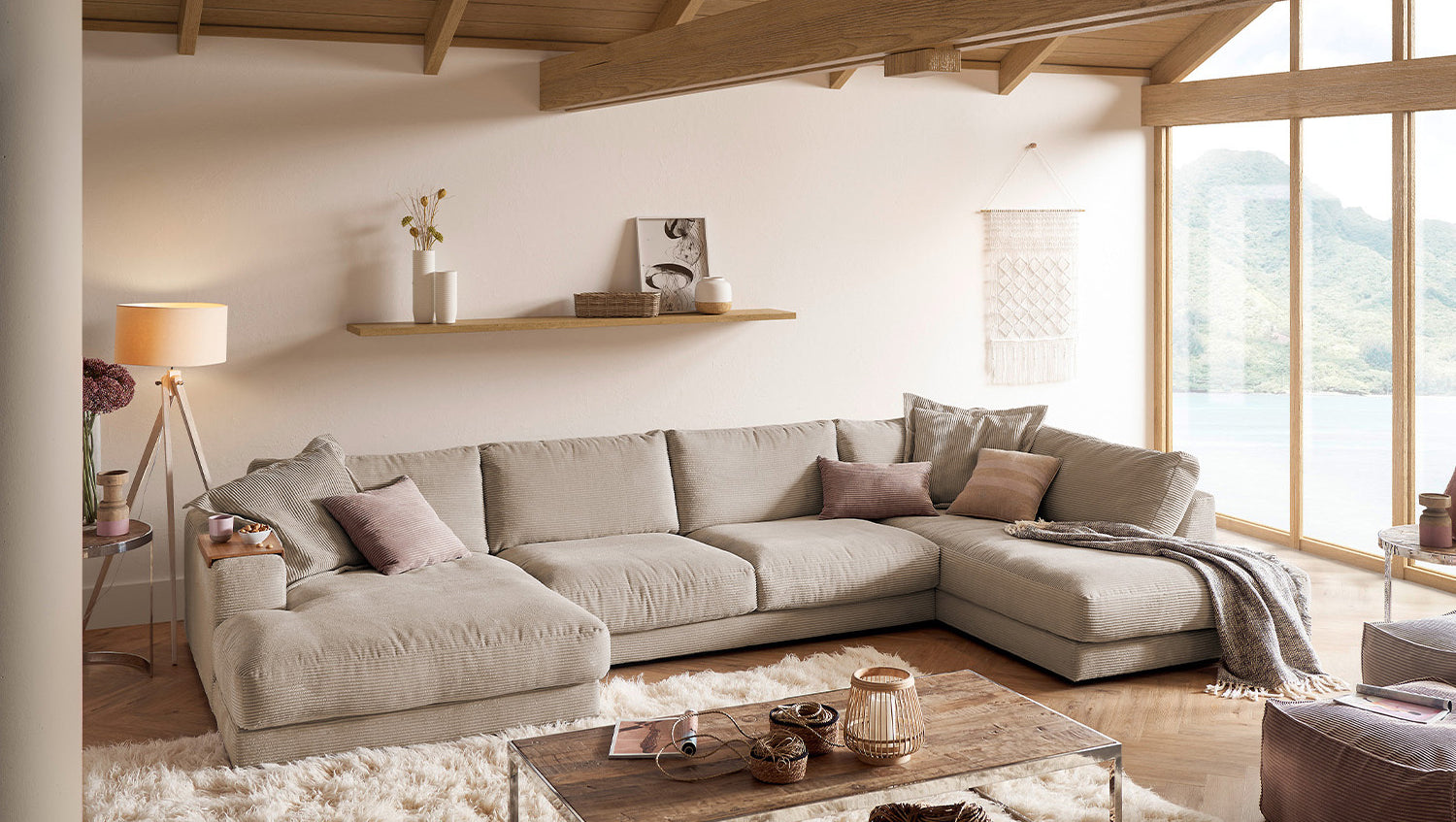 KAWOLA Sofa MADELINE Wohnlandschaft U-Form Cord taupe, Links
