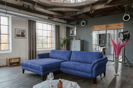 KAWOLA Sofa MALTA Ecksofa Stoff blau, Links, Mit Kopfstütze, Relaxfunktion