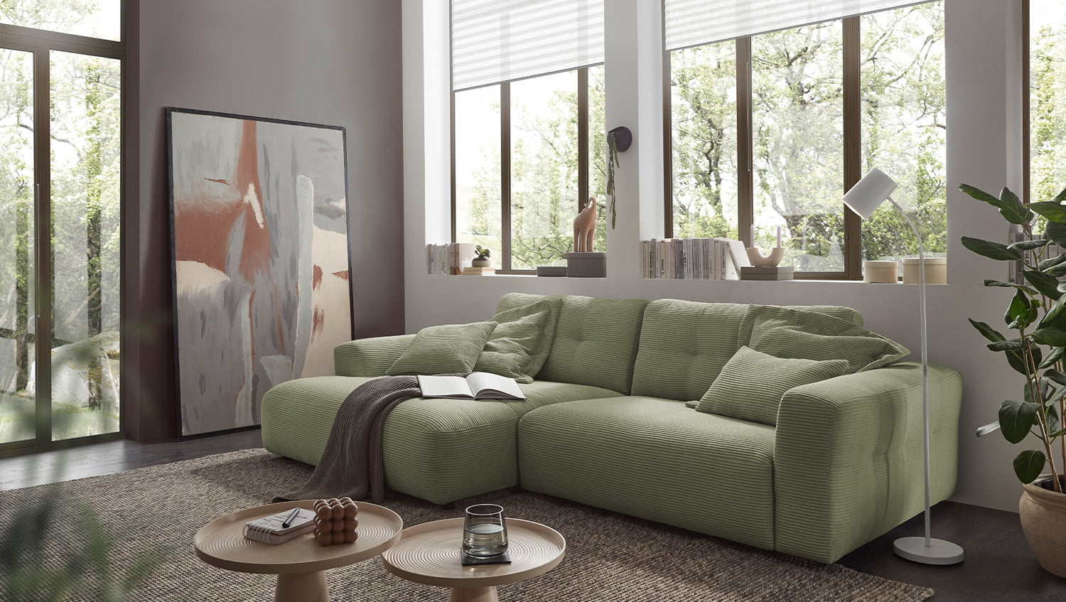 KAWOLA Sofa MIKA Ecksofa Cord olivgrün, 276 x 167, Links