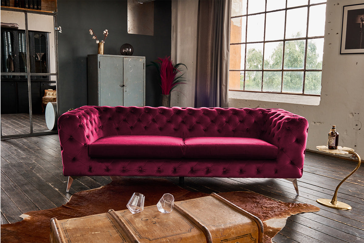 KAWOLA Sofa NARLA Chesterfield 3-Sitzer Velvet rot