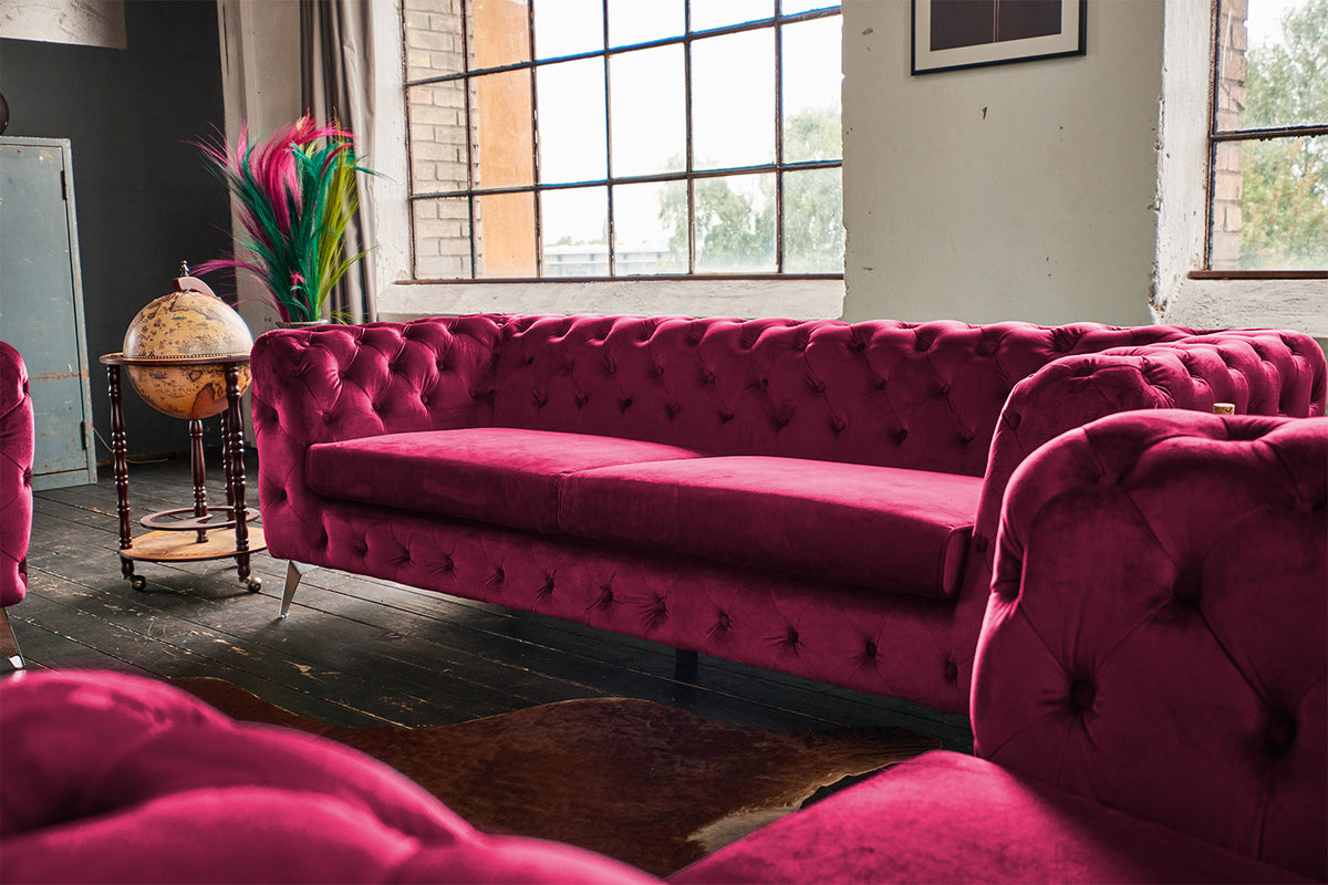 KAWOLA Sofa NARLA Chesterfield 3-Sitzer Velvet rot