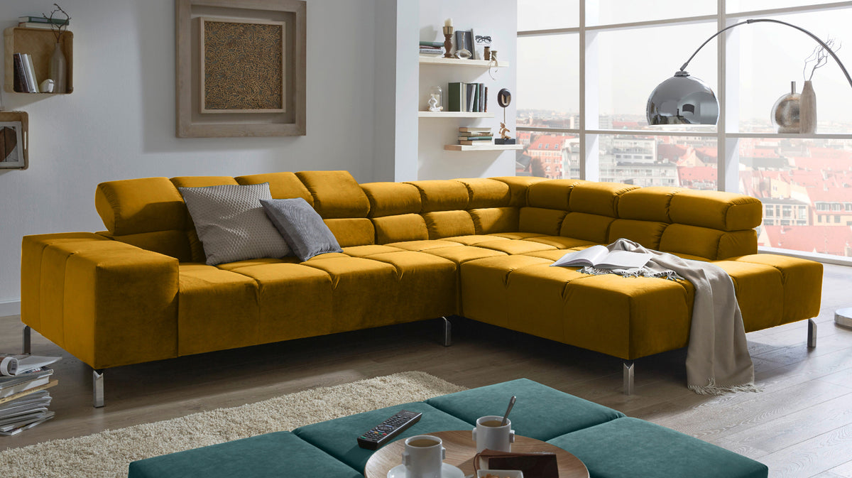 KAWOLA Sofa NELSON Ecksofa Velvet curry, Links, Relaxfunktion
