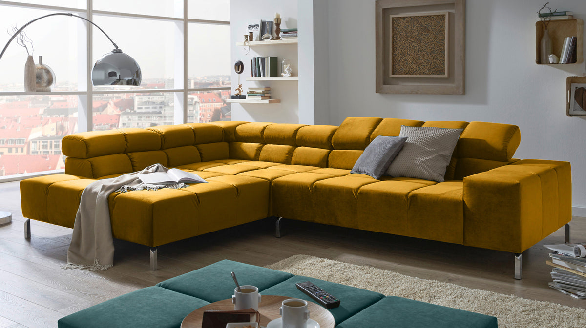 KAWOLA Sofa NELSON Ecksofa Velvet curry, Rechts, Relaxfunktion