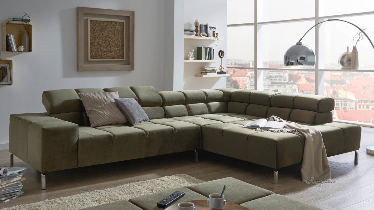 KAWOLA Sofa NELSON Ecksofa Velvet olivgrün, Links, Ohne Komfortfunktion