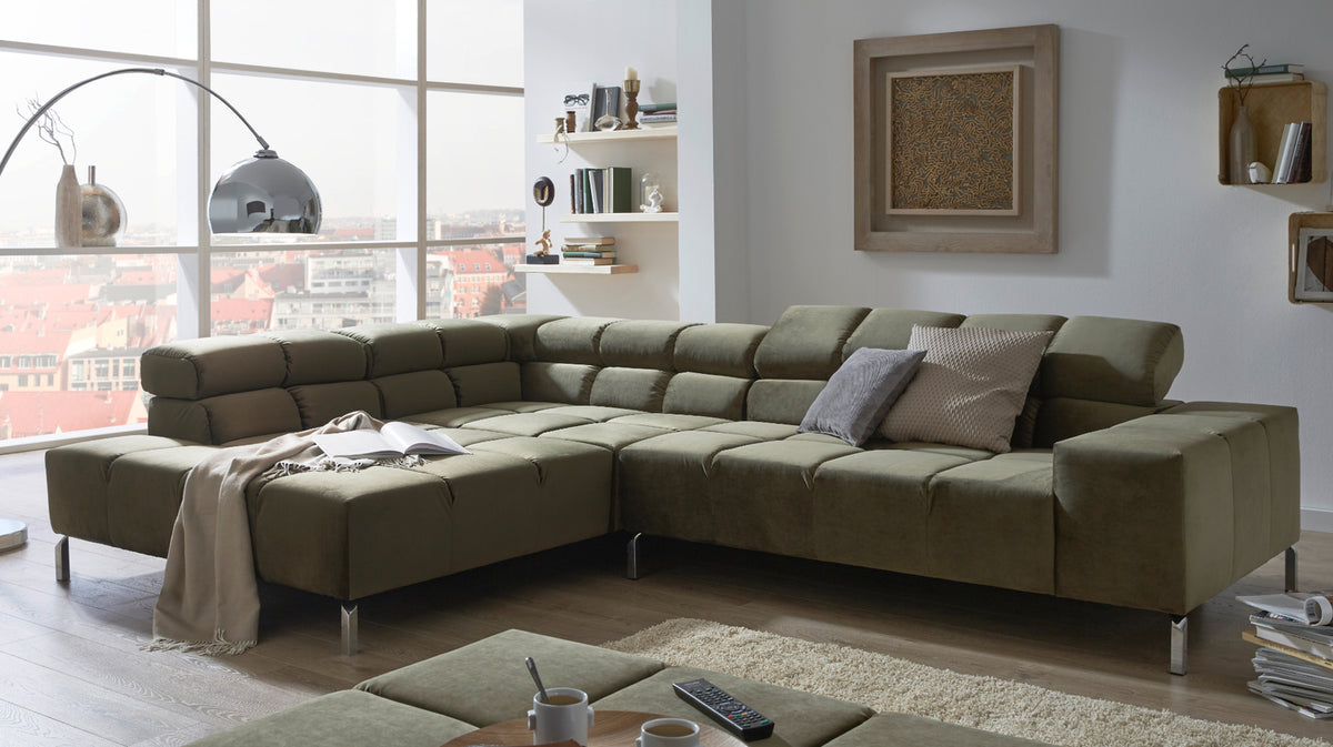 KAWOLA Sofa NELSON Ecksofa Velvet olivgrün, Rechts, Relaxfunktion