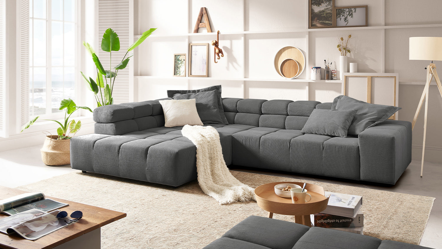 KAWOLA Sofa NEVADA Ecksofa Feincord anthrazit, Links, Relaxfunktion