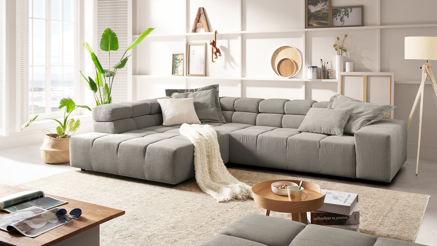 KAWOLA Sofa NEVADA Ecksofa Feincord grau, Links, Ohne Komfortfunktion
