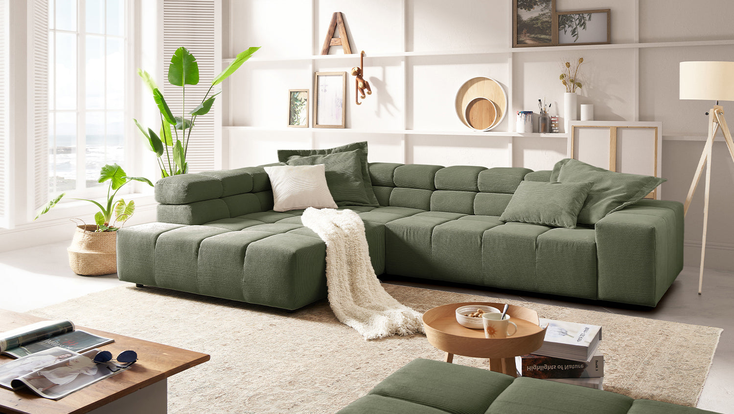KAWOLA Sofa NEVADA Ecksofa Feincord olivgrün, Links, Ohne Komfortfunktion
