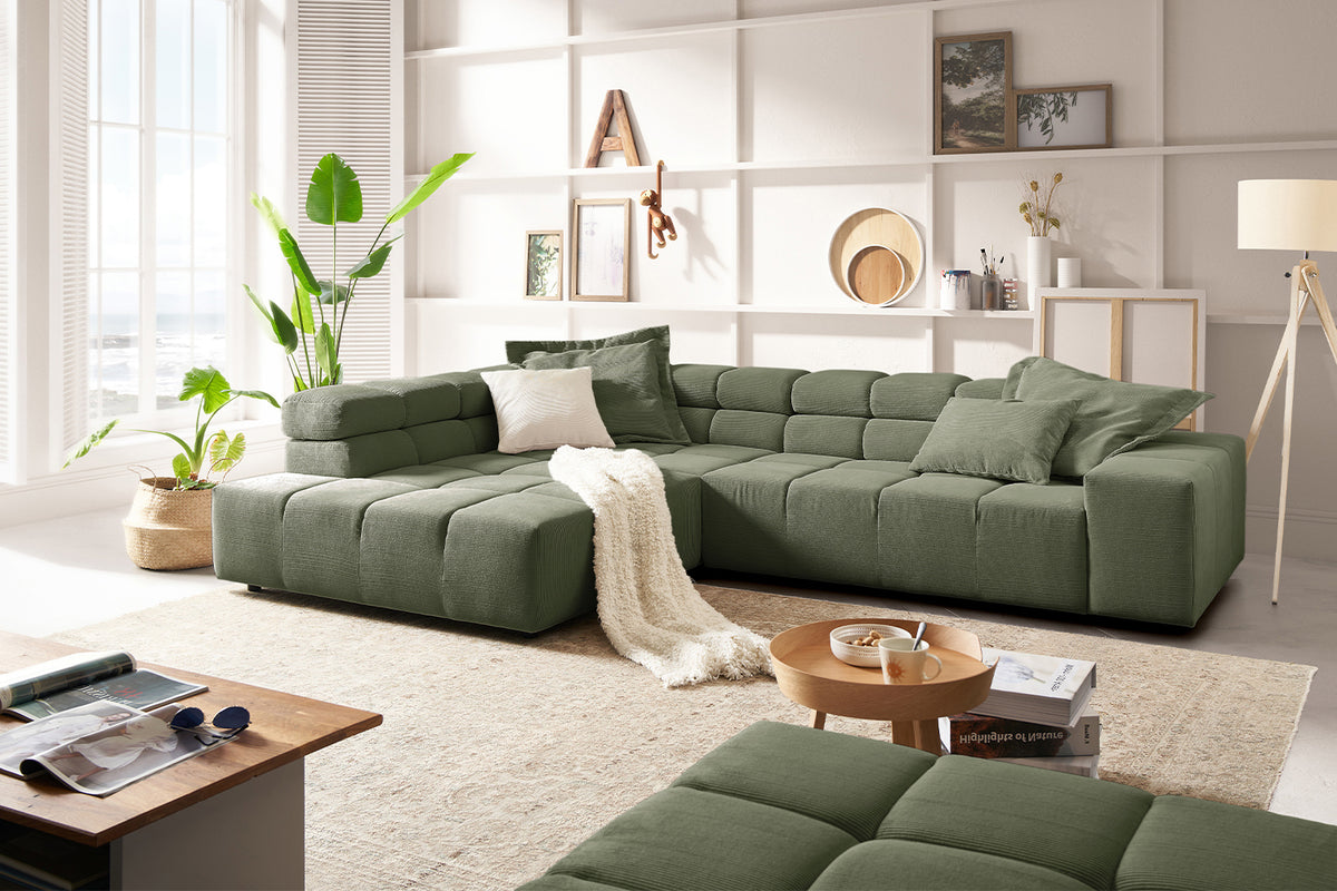 KAWOLA Sofa NEVADA Ecksofa Feincord olivgrün, Links, Ohne Komfortfunktion
