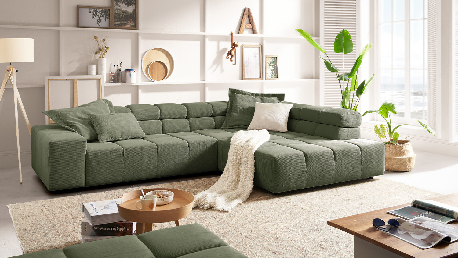 KAWOLA Sofa NEVADA Ecksofa Feincord olivgrün, Rechts, Ohne Komfortfunktion