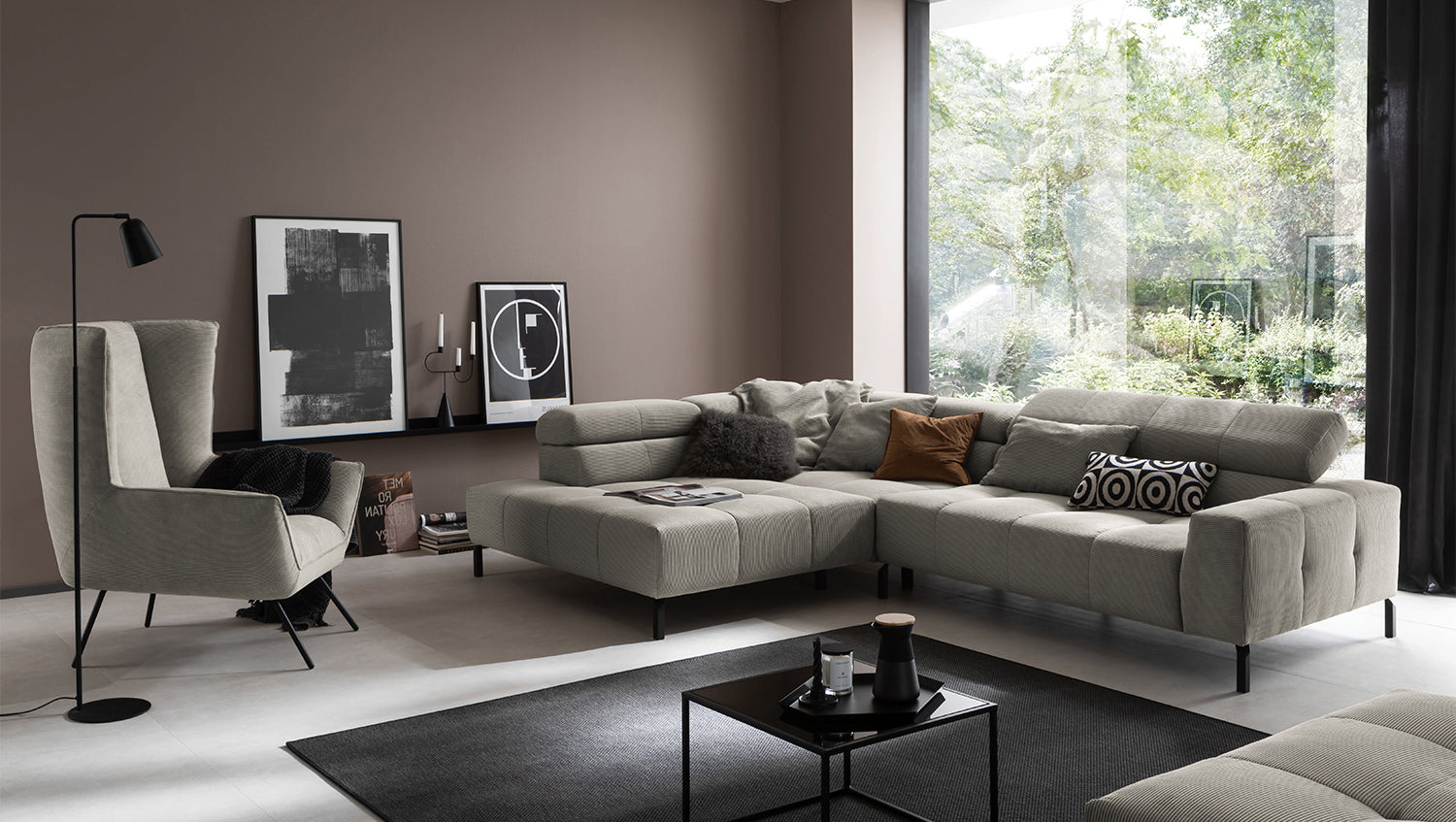 KAWOLA Sofa OHIO Ecksofa Feincord grau, Links, Ohne Komfortfunktion