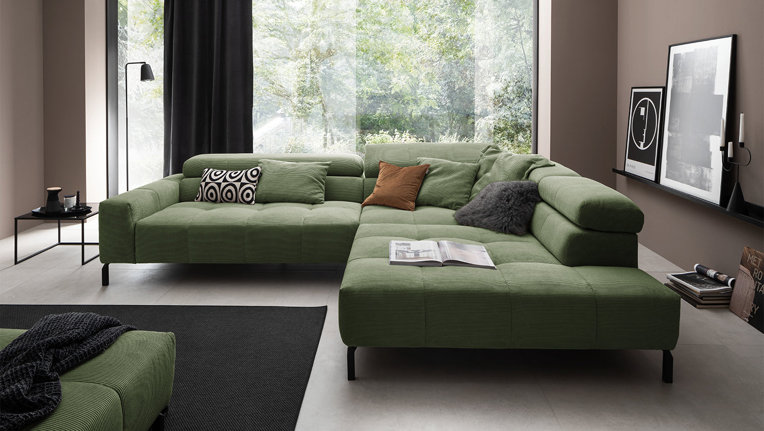 KAWOLA Sofa OHIO Ecksofa Feincord olivgrün