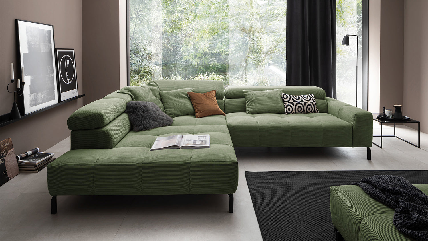 KAWOLA Sofa OHIO Ecksofa Feincord olivgrün
