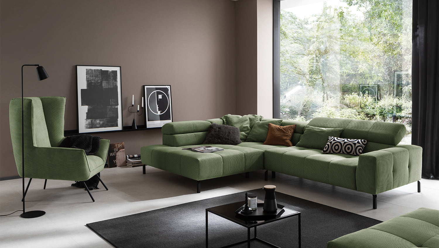 KAWOLA Sofa OHIO Ecksofa Feincord olivgrün, Links, Relaxfunktion
