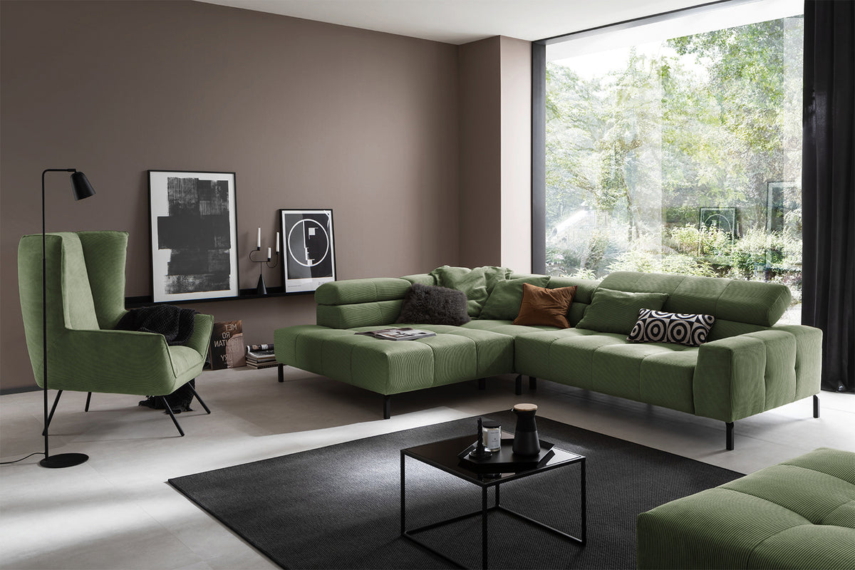 KAWOLA Sofa OHIO Ecksofa Feincord olivgrün, Links, Relaxfunktion