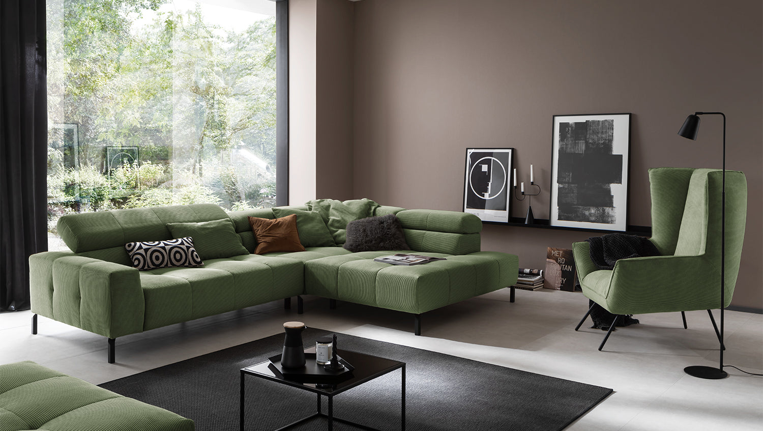 KAWOLA Sofa OHIO Ecksofa Feincord olivgrün, Rechts, Ohne Komfortfunktion