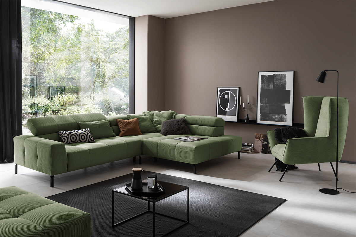 KAWOLA Sofa OHIO Ecksofa Feincord olivgrün, Rechts, Ohne Komfortfunktion