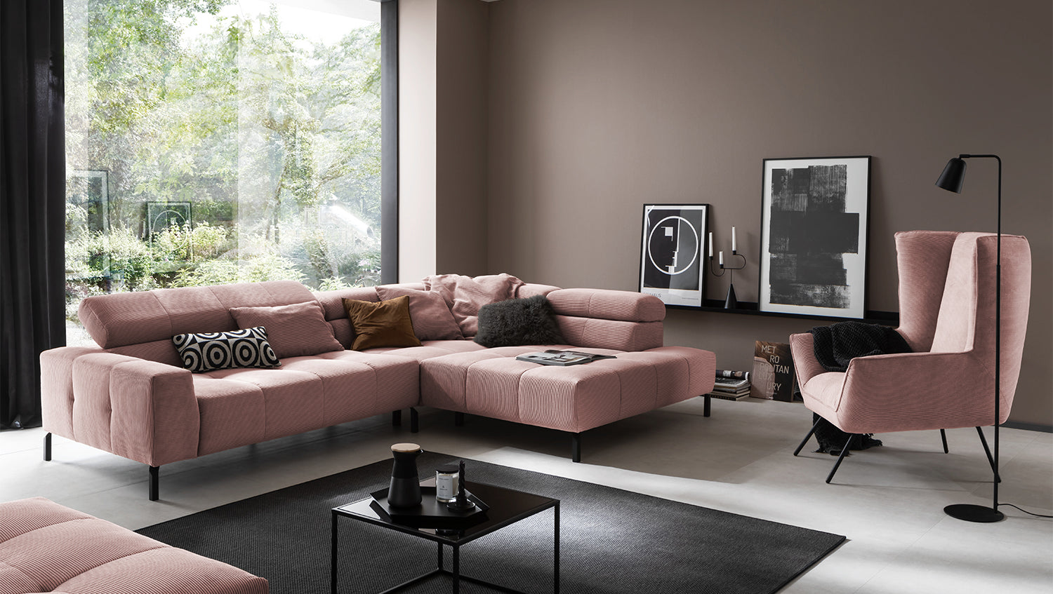 KAWOLA Sofa OHIO Ecksofa Feincord rosa, Rechts, Relaxfunktion