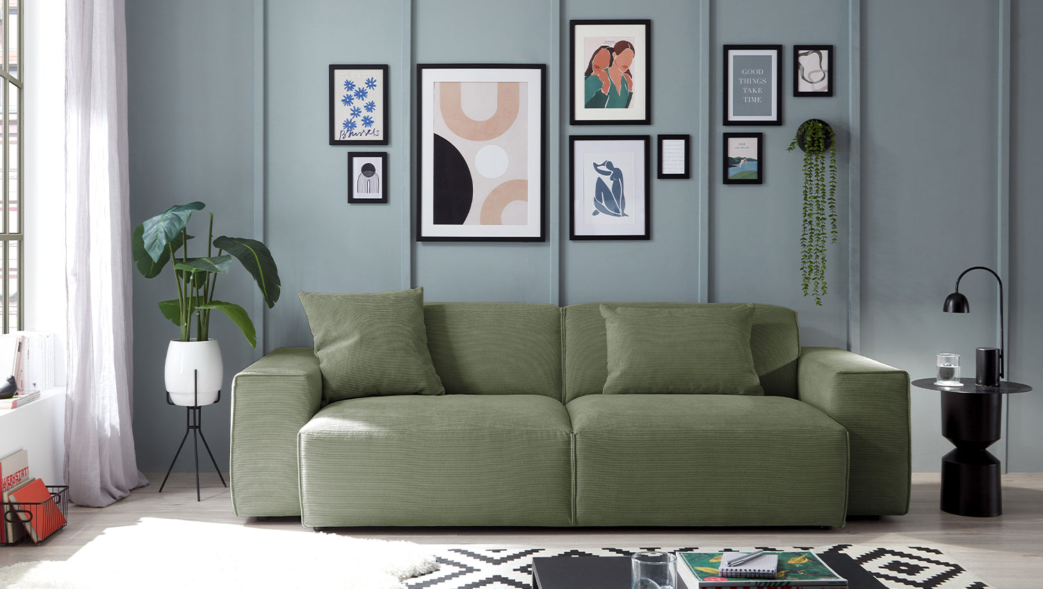 KAWOLA Sofa RANI 3-Sitzer Feincord olivgrün