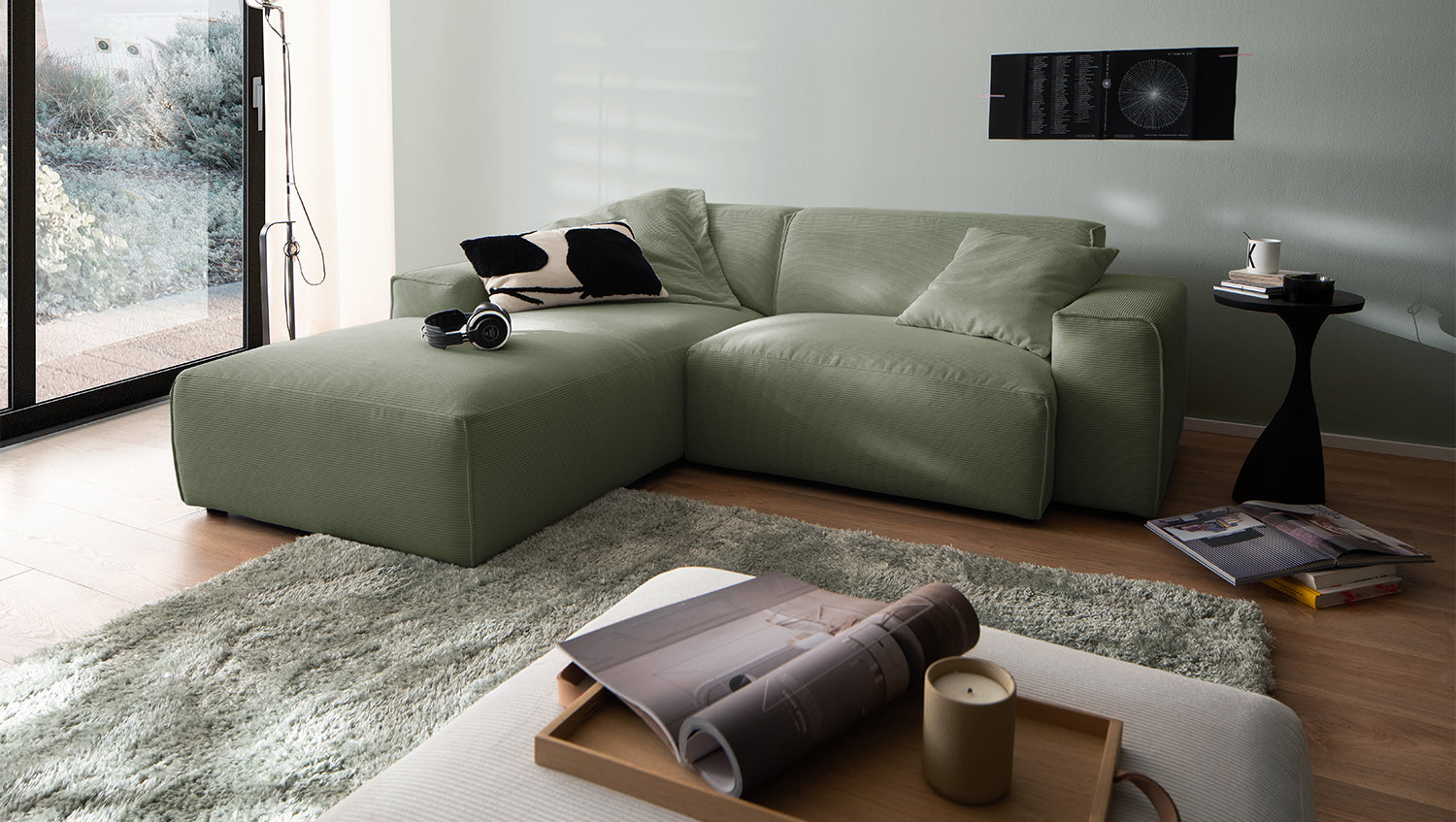 KAWOLA Sofa RANI Ecksofa Feincord olivgrün, Links
