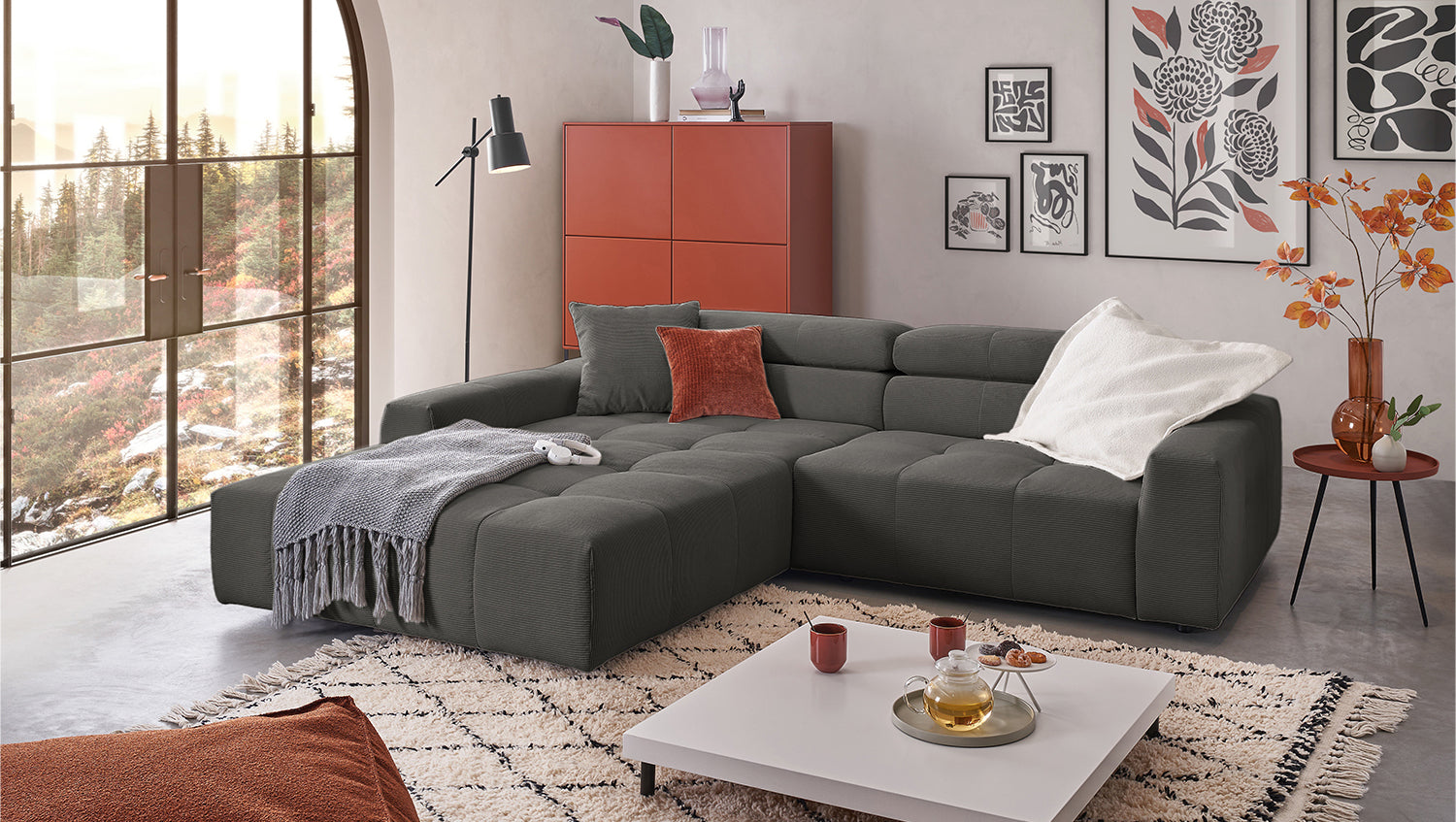 KAWOLA Sofa RENO Ecksofa Feincord anthrazit, Links, Relaxfunktion