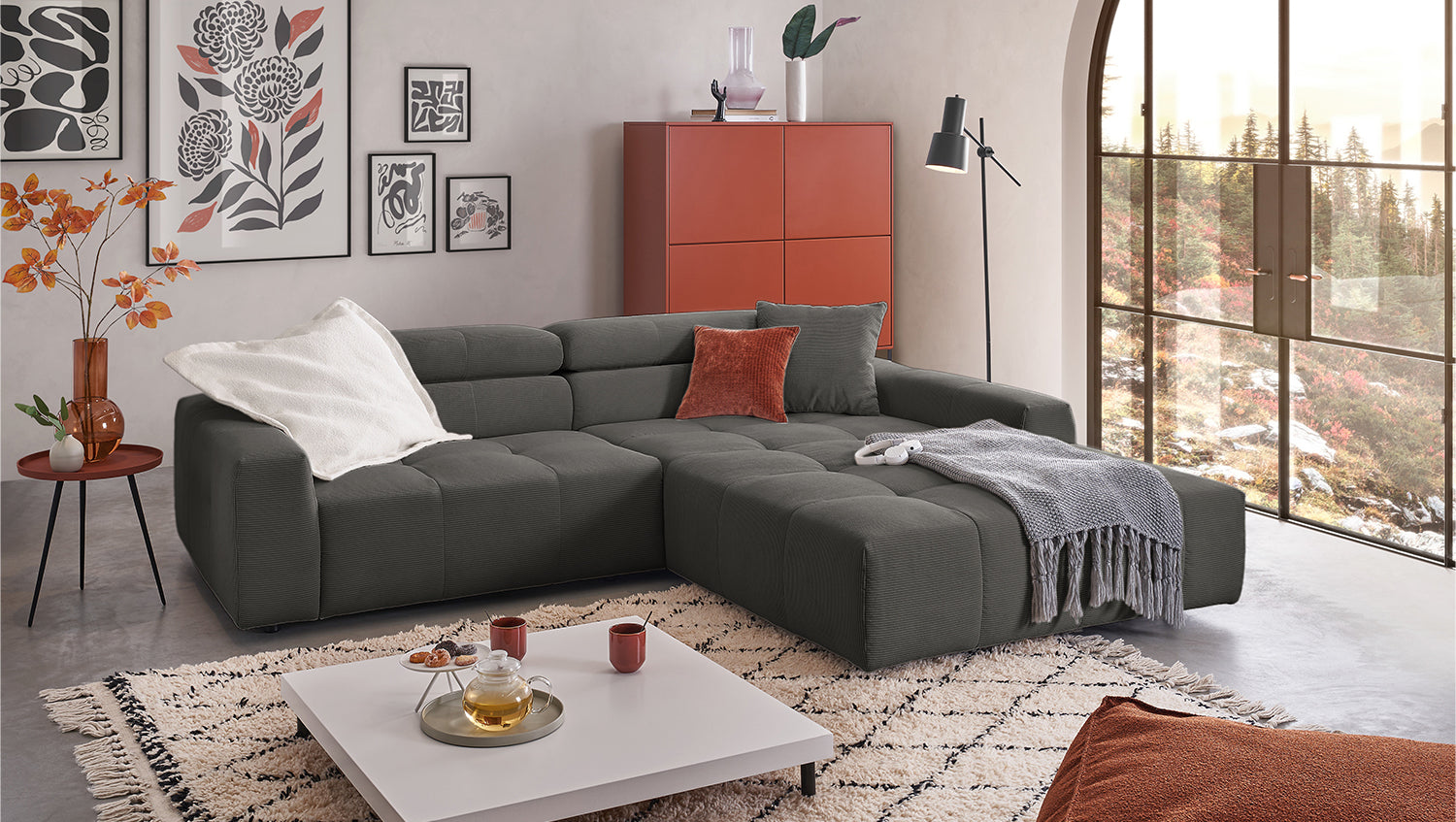 KAWOLA Sofa RENO Ecksofa Feincord anthrazit, Rechts, Relaxfunktion