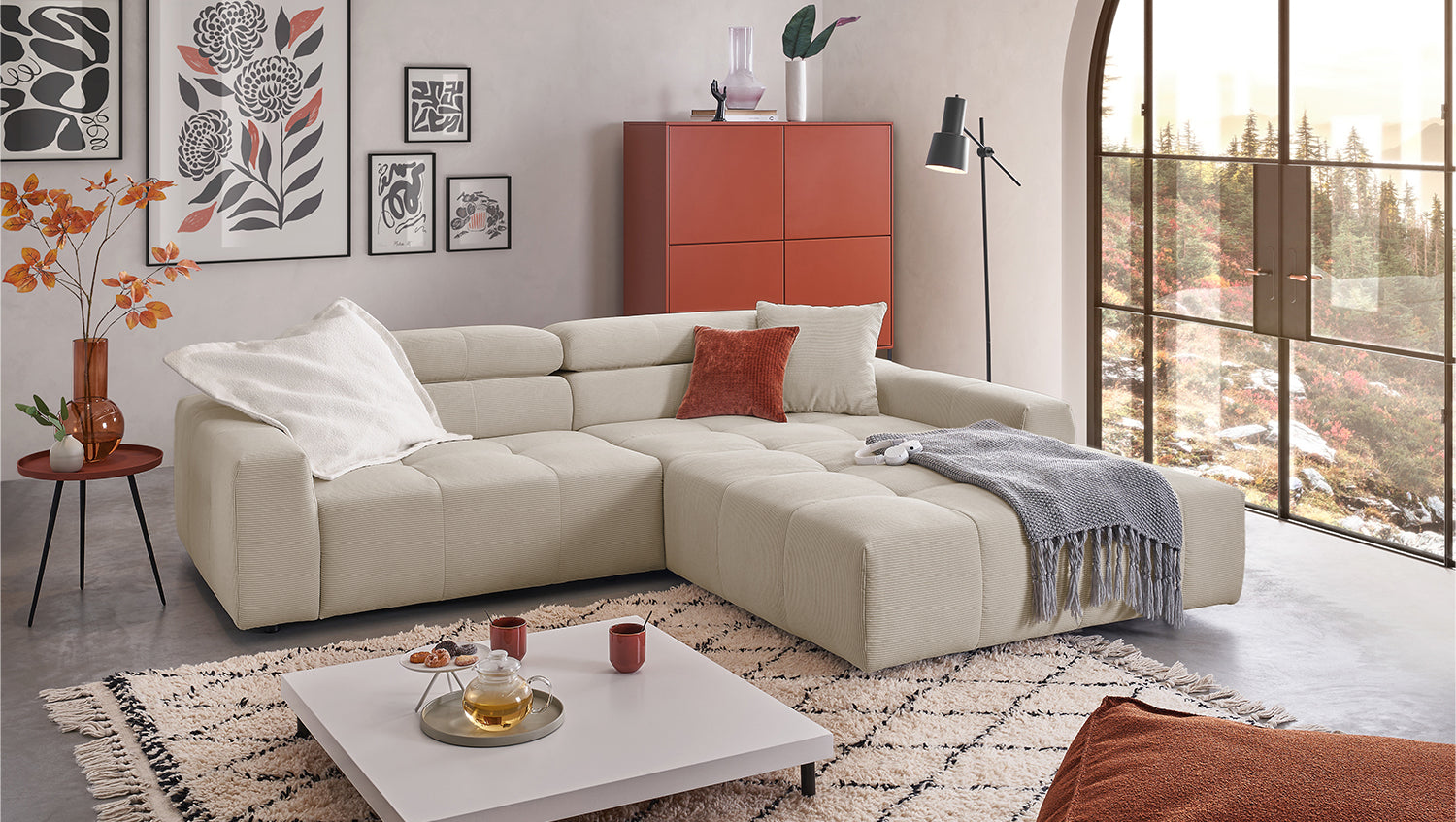 KAWOLA Sofa RENO Ecksofa Feincord beige, Rechts, Relaxfunktion