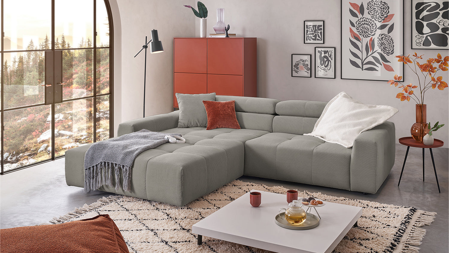 KAWOLA Sofa RENO Ecksofa Feincord grau, Links, Relaxfunktion