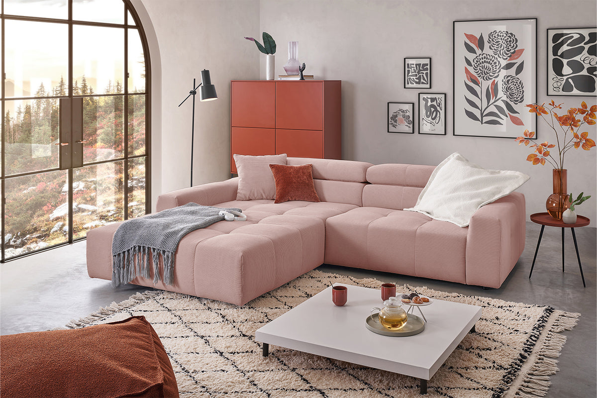 KAWOLA Sofa RENO Ecksofa Feincord rosa, Links, Ohne Komfortfunktion