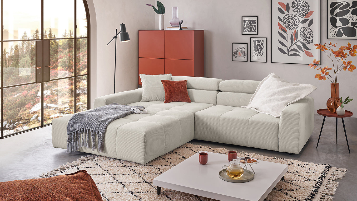 KAWOLA Sofa RENO Ecksofa Feincord silber, Links, Relaxfunktion