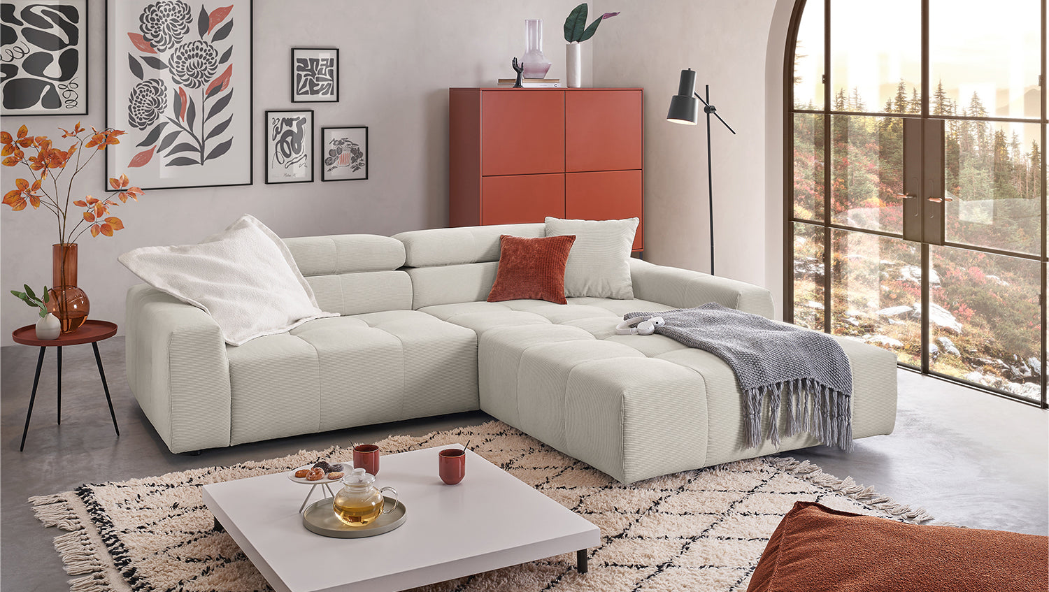 KAWOLA Sofa RENO Ecksofa Feincord silber, Rechts, Ohne Komfortfunktion