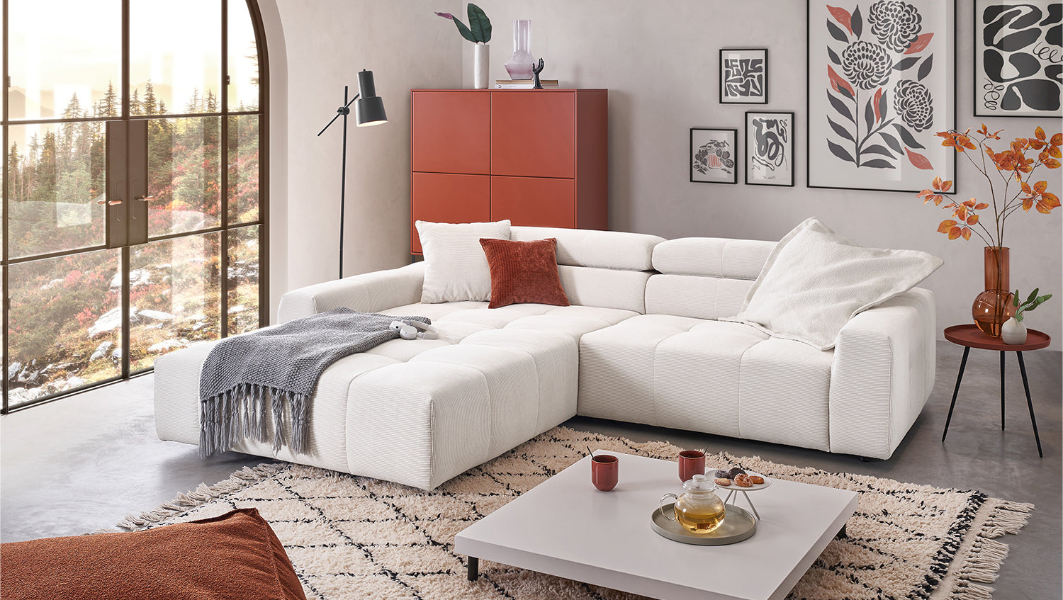 KAWOLA Sofa RENO Ecksofa Feincord weiß, Links, Relaxfunktion