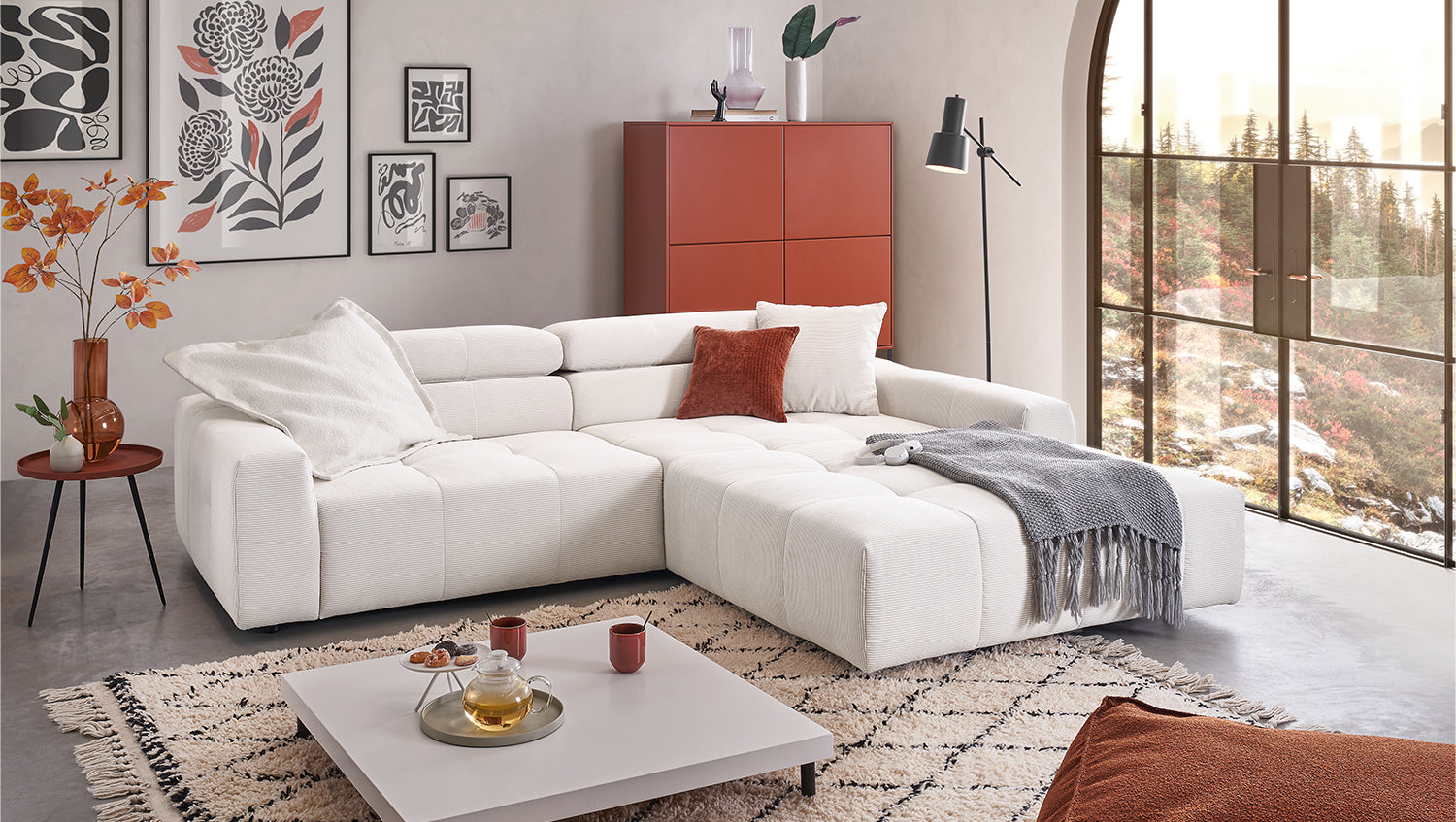 KAWOLA Sofa RENO Ecksofa Feincord weiß, Rechts, Relaxfunktion