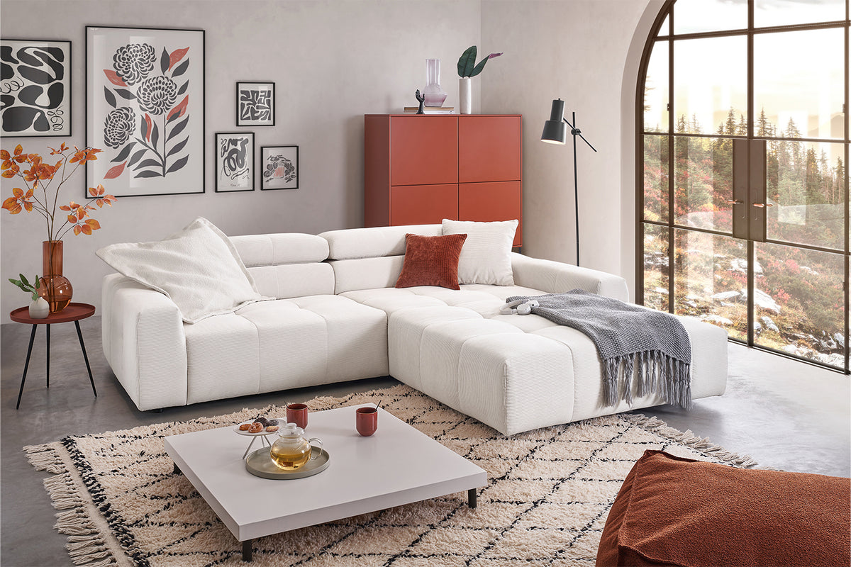 KAWOLA Sofa RENO Ecksofa Feincord weiß, Rechts, Relaxfunktion