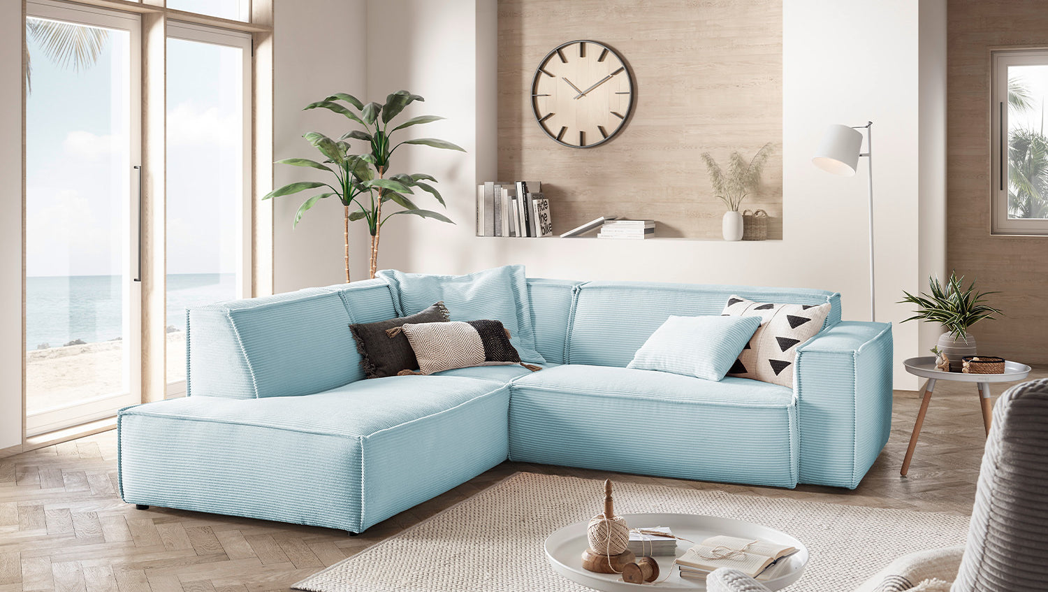 KAWOLA Sofa SAMU Ecksofa Cord hellblau, Links