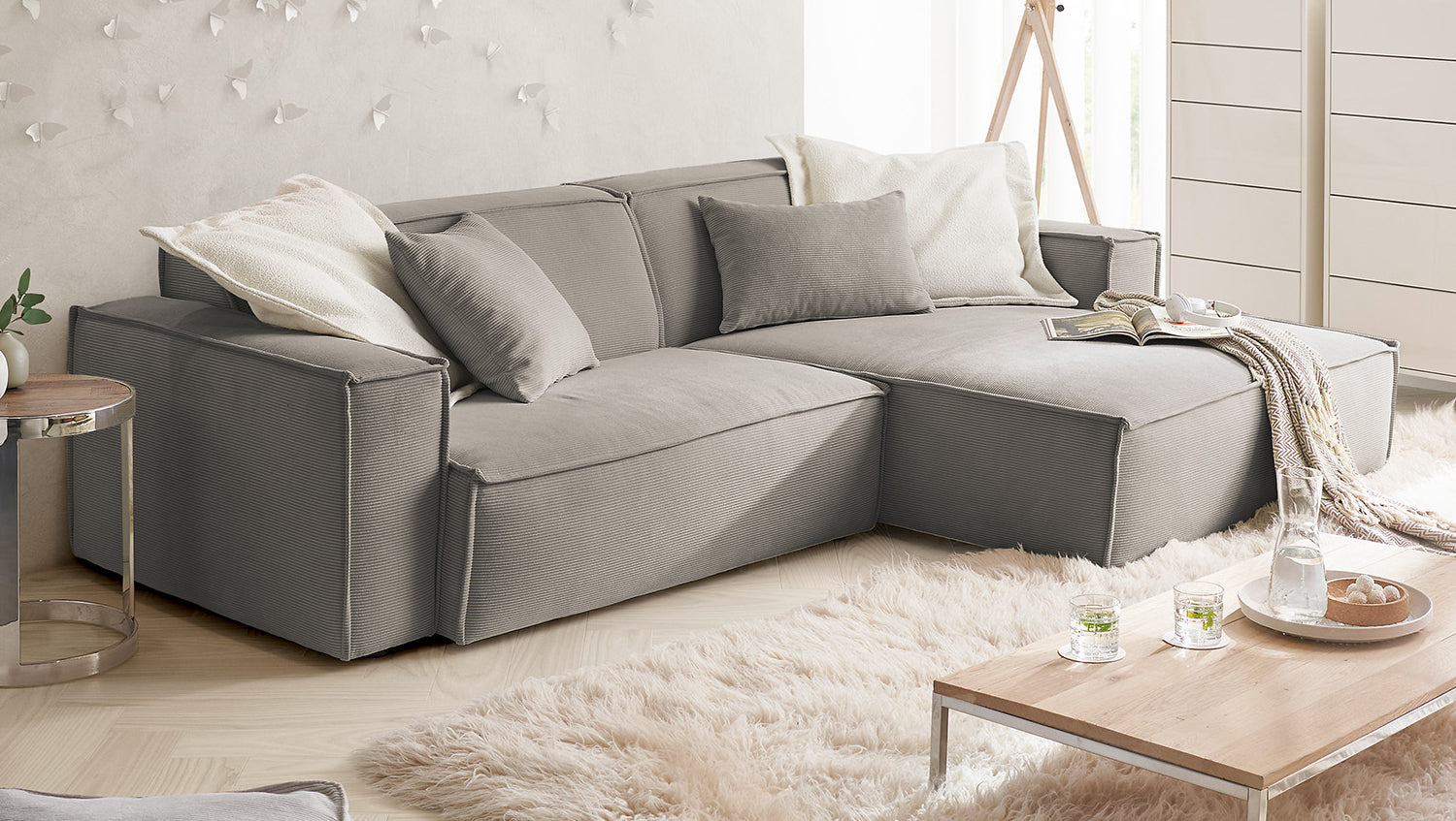 KAWOLA Sofa SAMU Ecksofa Feincord grau
