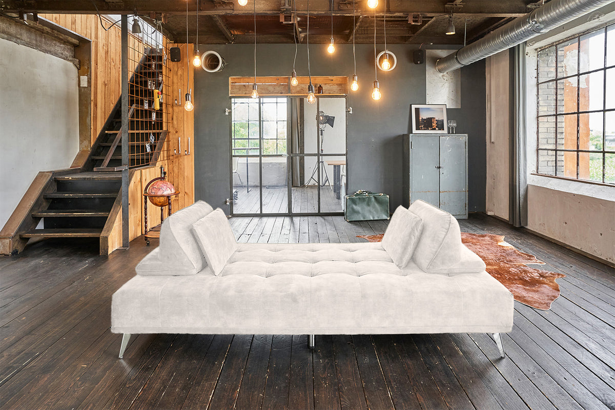 KAWOLA Sofa WIOLO Schlafsofa Daybed mit Hocker velvet cremeweiß