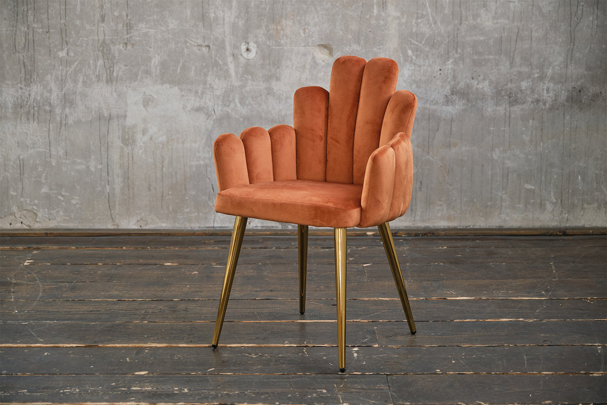 KAWOLA Stuhl FREJA Esszimmerstuhl Velvet orange Fuß gold