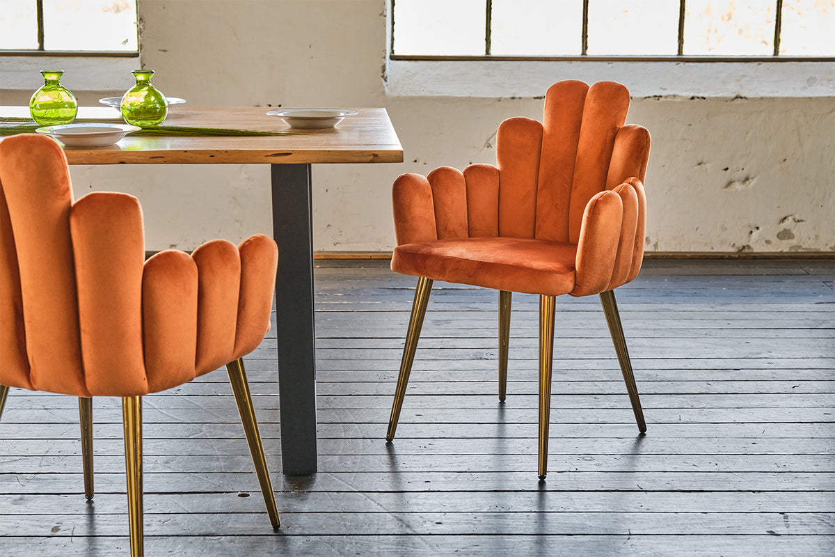 KAWOLA Stuhl FREJA Esszimmerstuhl Velvet orange Fuß gold