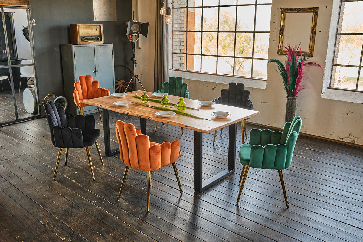 KAWOLA Stuhl FREJA Esszimmerstuhl Velvet orange Fuß gold