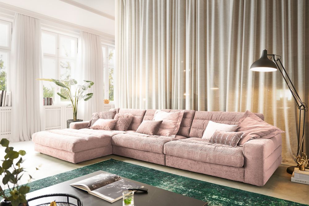 KAWOLA Sofa LANA XL Ecksofa Cord rosa Recamiere links