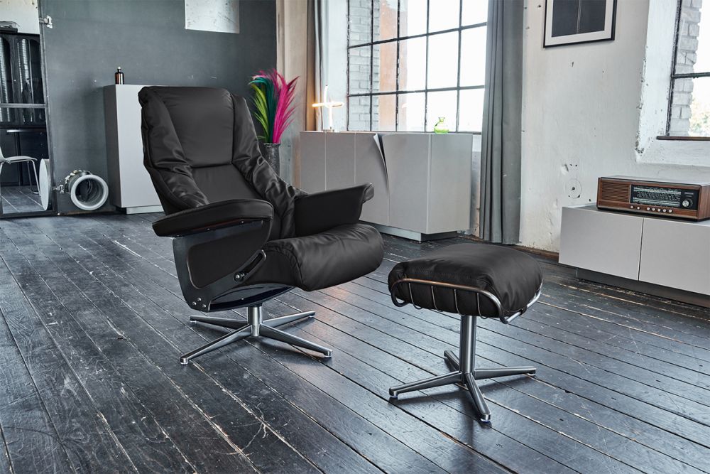 KAWOLA Sessel MODO Relaxsessel drehbar Leder schwarz mit Hocker