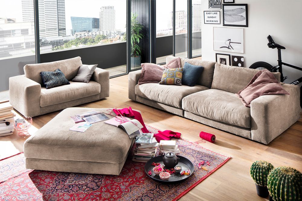 B-Ware KAWOLA Big Hocker MADELINE Polsterhocker Cord taupe