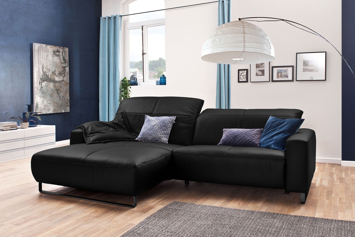 KAWOLA Sofa YORK Leder Life line schwarz Recamiere links Fuß Metall schwarz  - Onlineshop MS Möbel Style