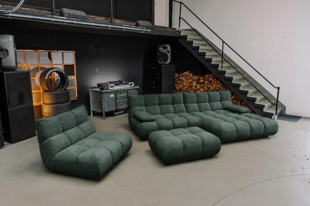 KAWOLA Sitzgruppe VIVIEN Ecksofa Drehsessel Hockerbank Feincord grün