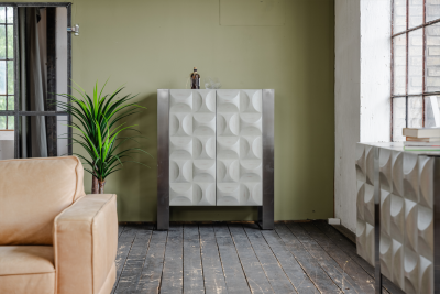 KAWOLA Highboard MARGO 2 Türen Ulme furniert grau Fuß Edelstahl gebürstet